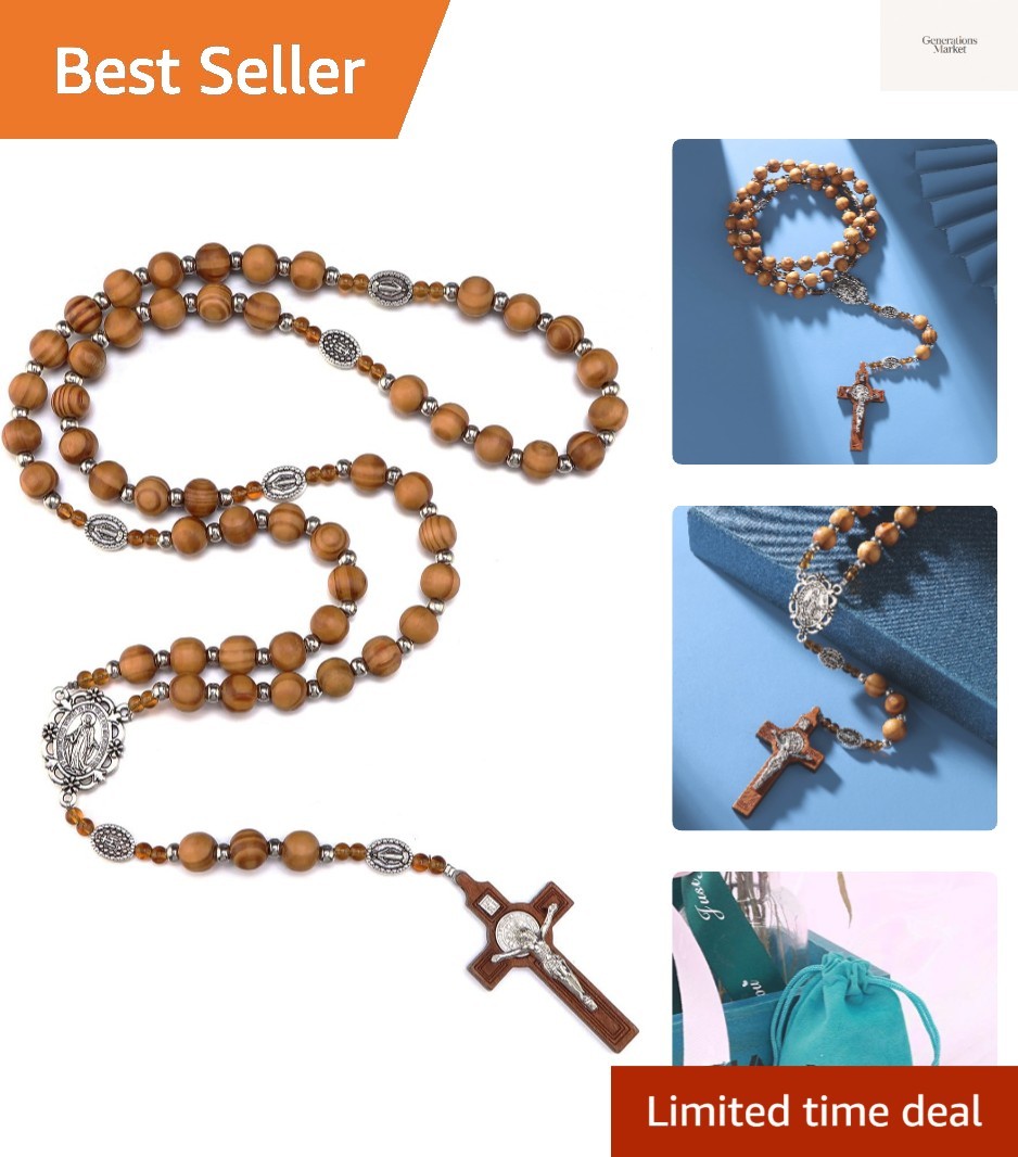 Handmade Wooden Bead Rosary Necklace with Miraculous Medal & St. Benedict Cross