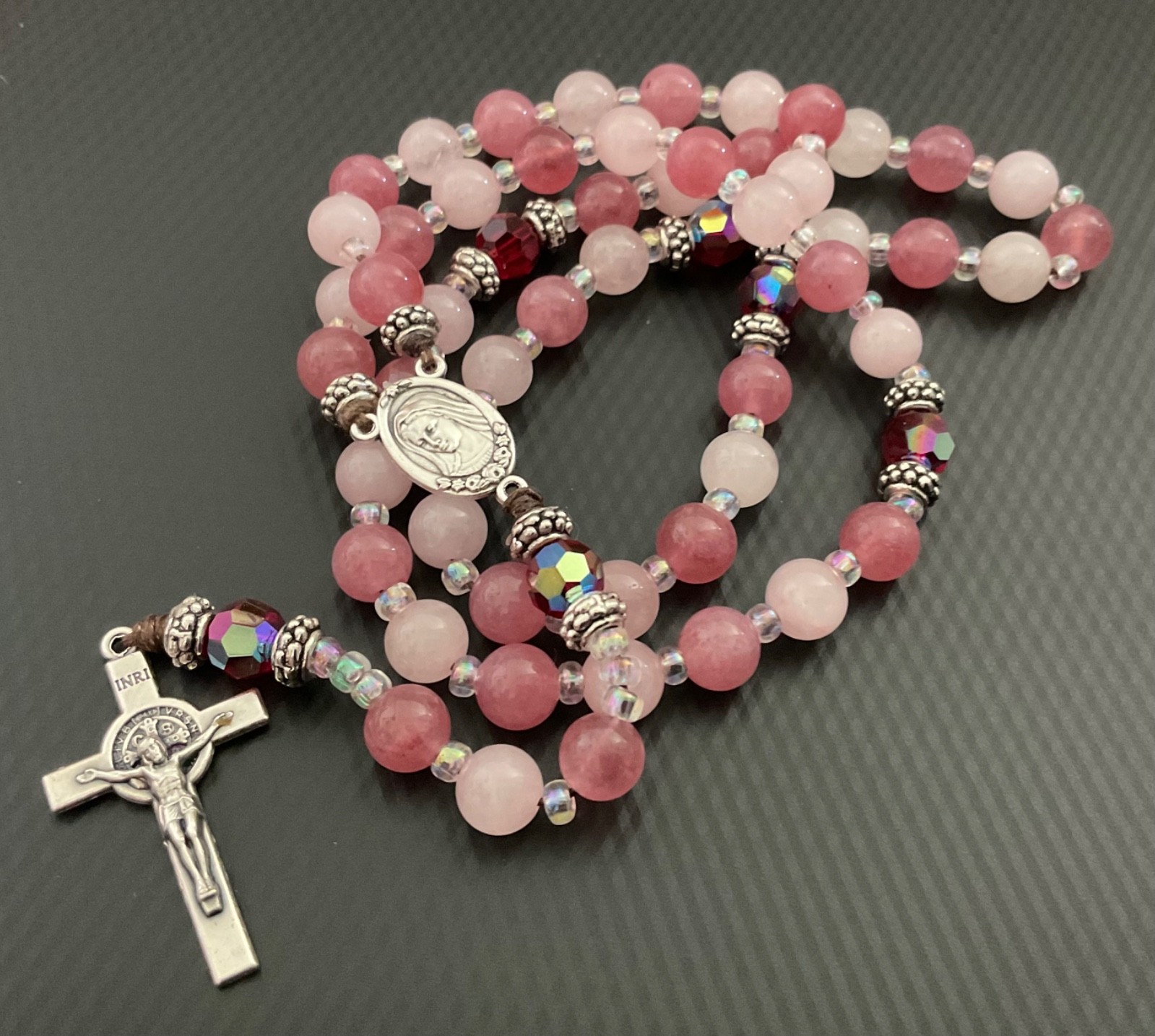 Rosary Handmade, Swarovski Crystal Beads, Quartz Beads Crucifix Medjugorje Medal
