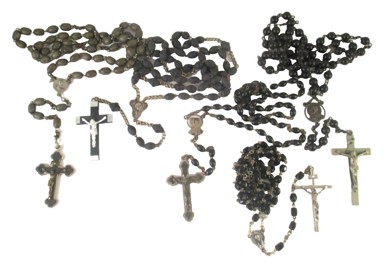 5 Vintage BLACK BEADED ROSARIES WOOD PLASTIC GLASS