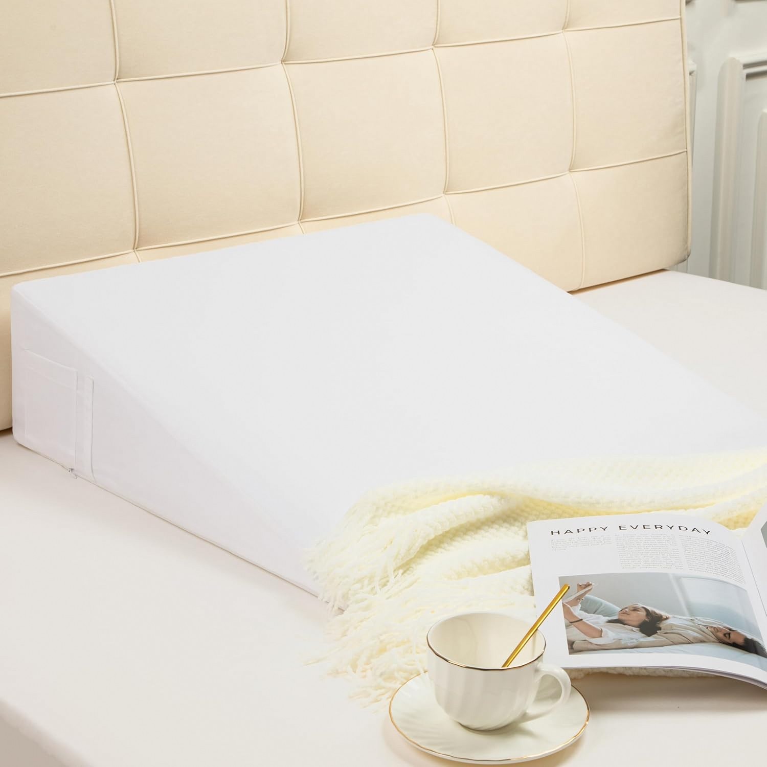 25x25x10 White Wedge Pillow Case Cover with Zipper Side Pocket
