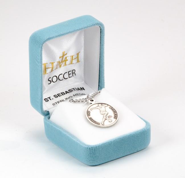 Saint Sebastian Round Sterling Silver Soccer Male Athlete Medal 1.0in x 0.8in