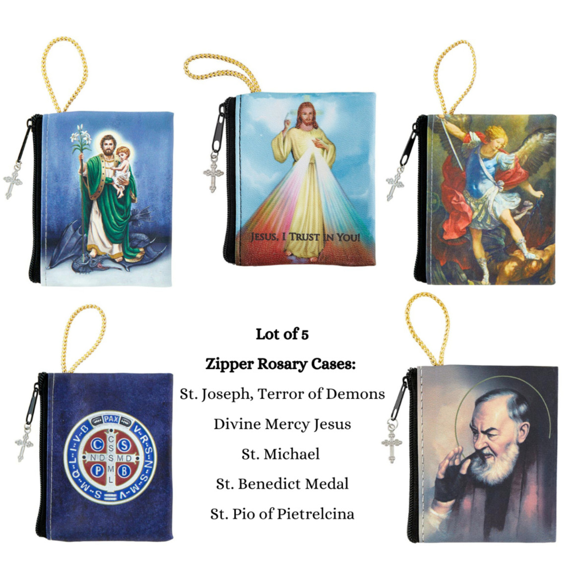 NEW Lot of 5 Zipper Rosary Cases Jesus, Saints Joseph, Michael, Pio, Benedict