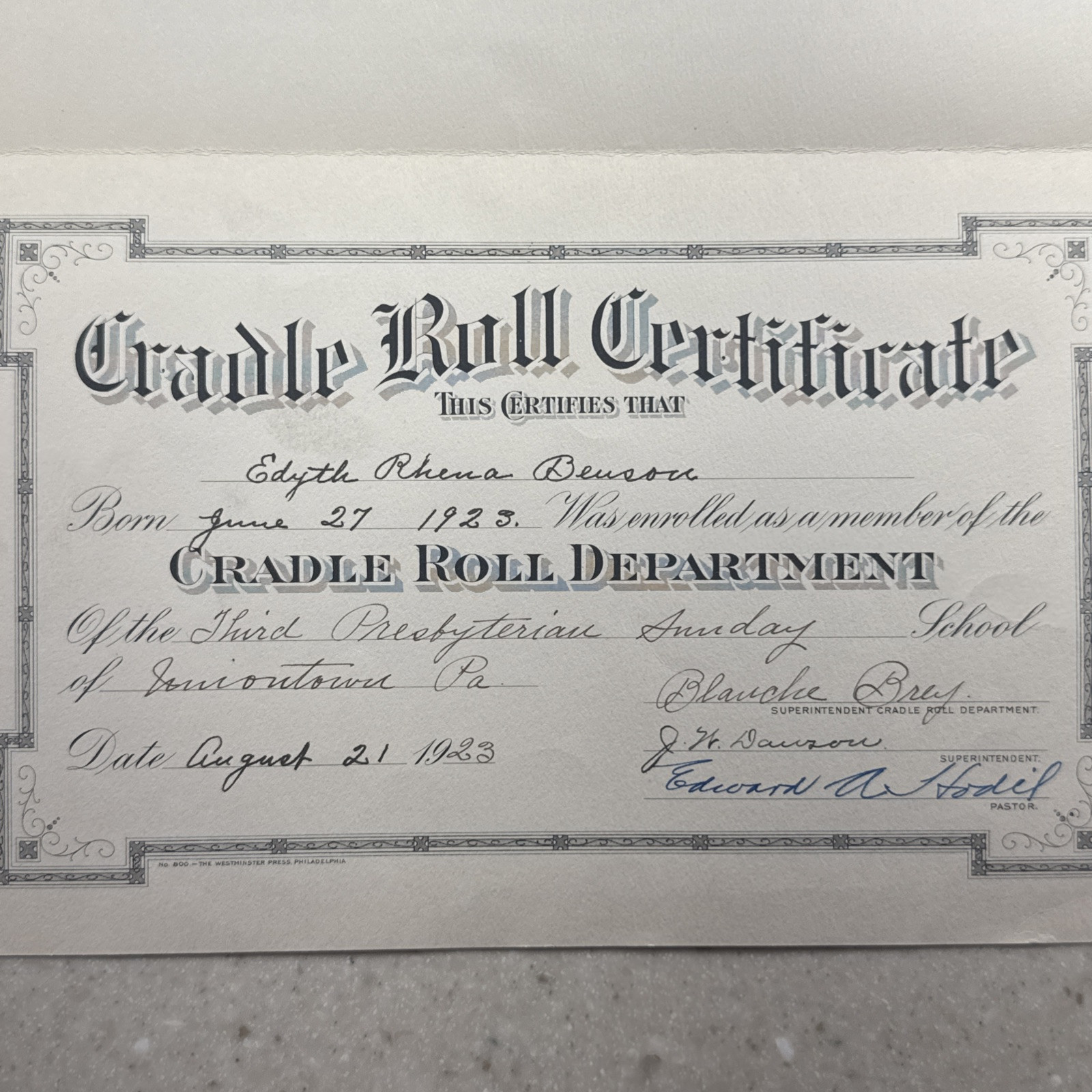 1923 Uniontown, Pennsylvania Third Presbyterian Church Cradle Roll Certificate