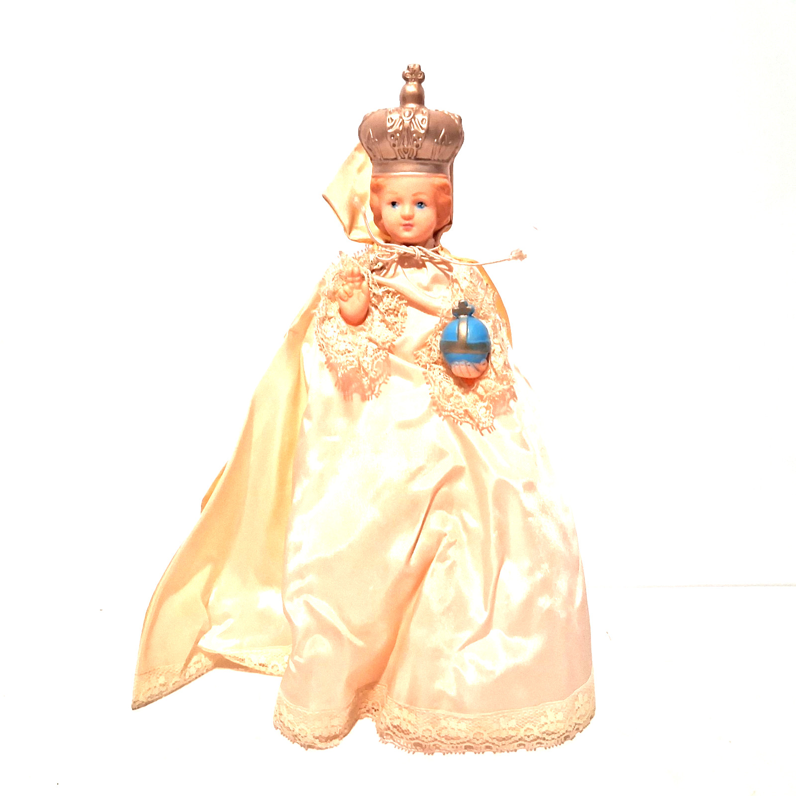Infant of Prague Statue Crowned Child Jesus Religious Figure Satin Robe 12″