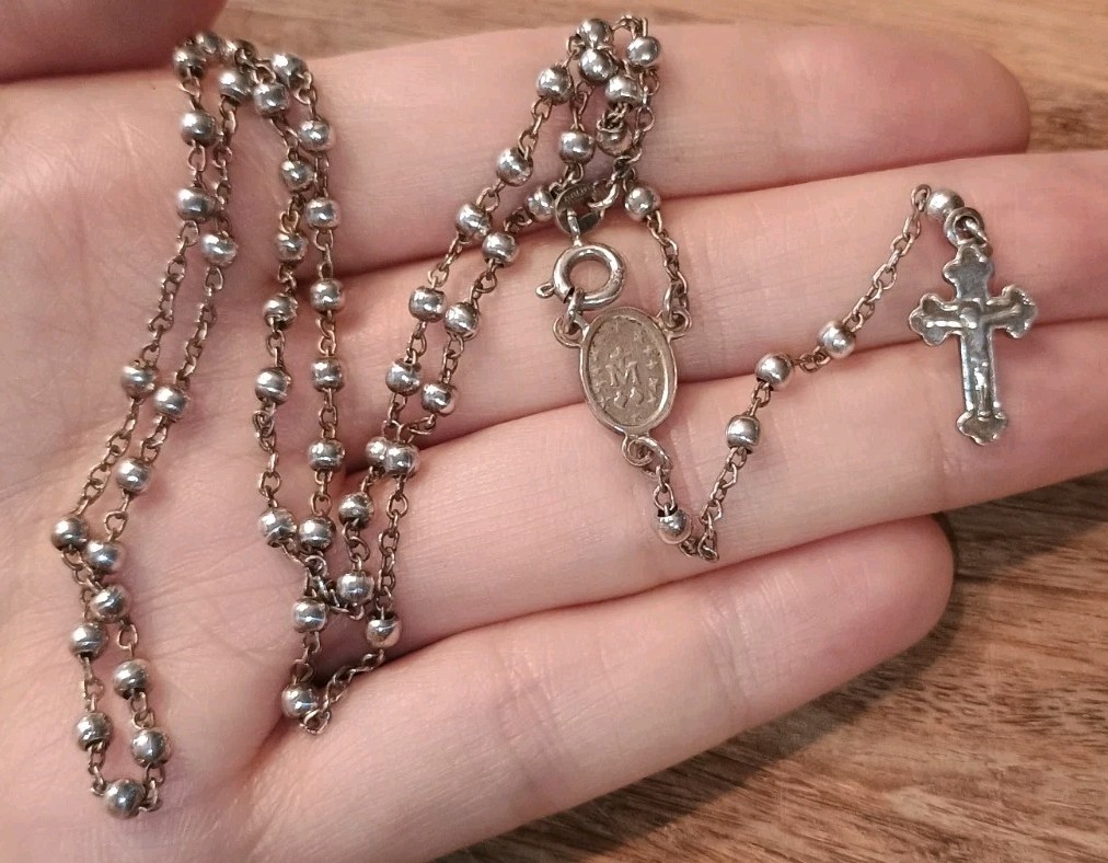 Sterling Silver 925 Italy Catholic Beaded Rosary Necklace Crucifix Mother Mary
