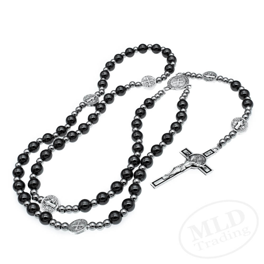 Saint St Benedict Pocket-Sized Rosary – 16″, Hematite & Metal Beads, Wire Cord