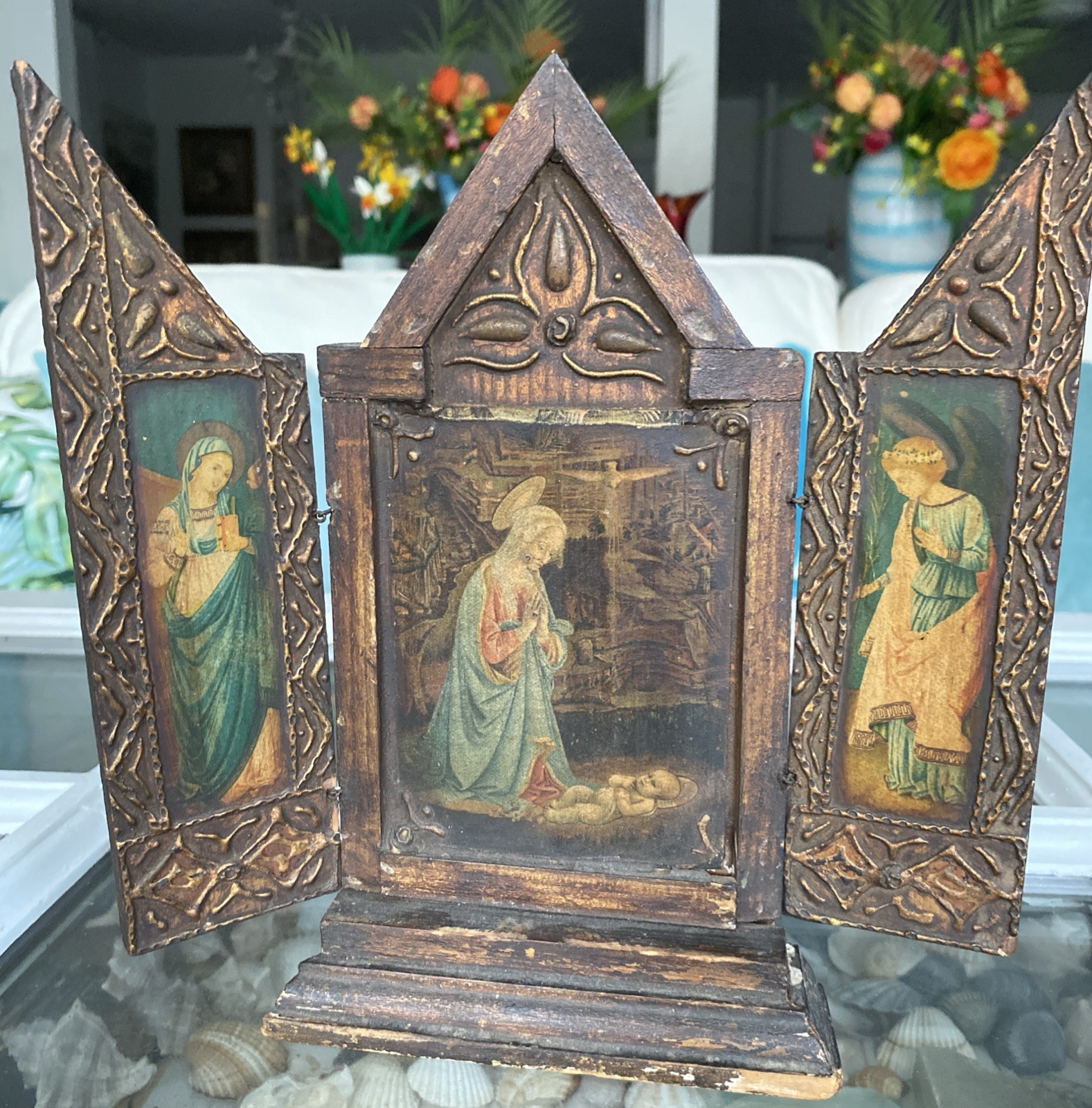 Antique Italian Florentine Triptych Madonna & Child Saints Martyrs 9” Shrine