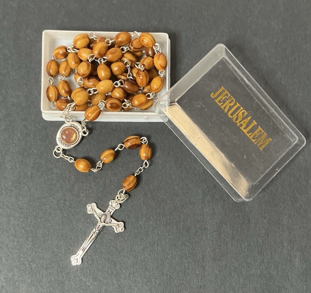 NEW Jerusalem Wooden Rosary: Wood Prayer Beads w/ Crucifix, Mary Medal +Free Box