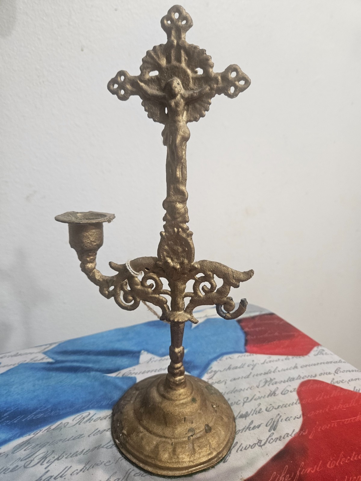 Antique Pot Metal Catholic Sick Call Crucifix Candelabra Altar Stand As-Is 1900s