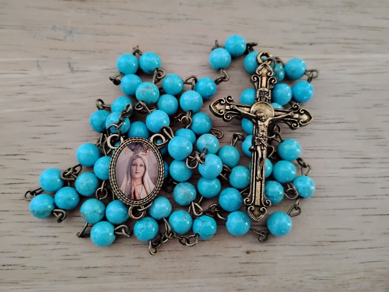 Turquoise Gemstone Rosary Beads 6mm Bronze medal crucifix Our Lady of Fatima