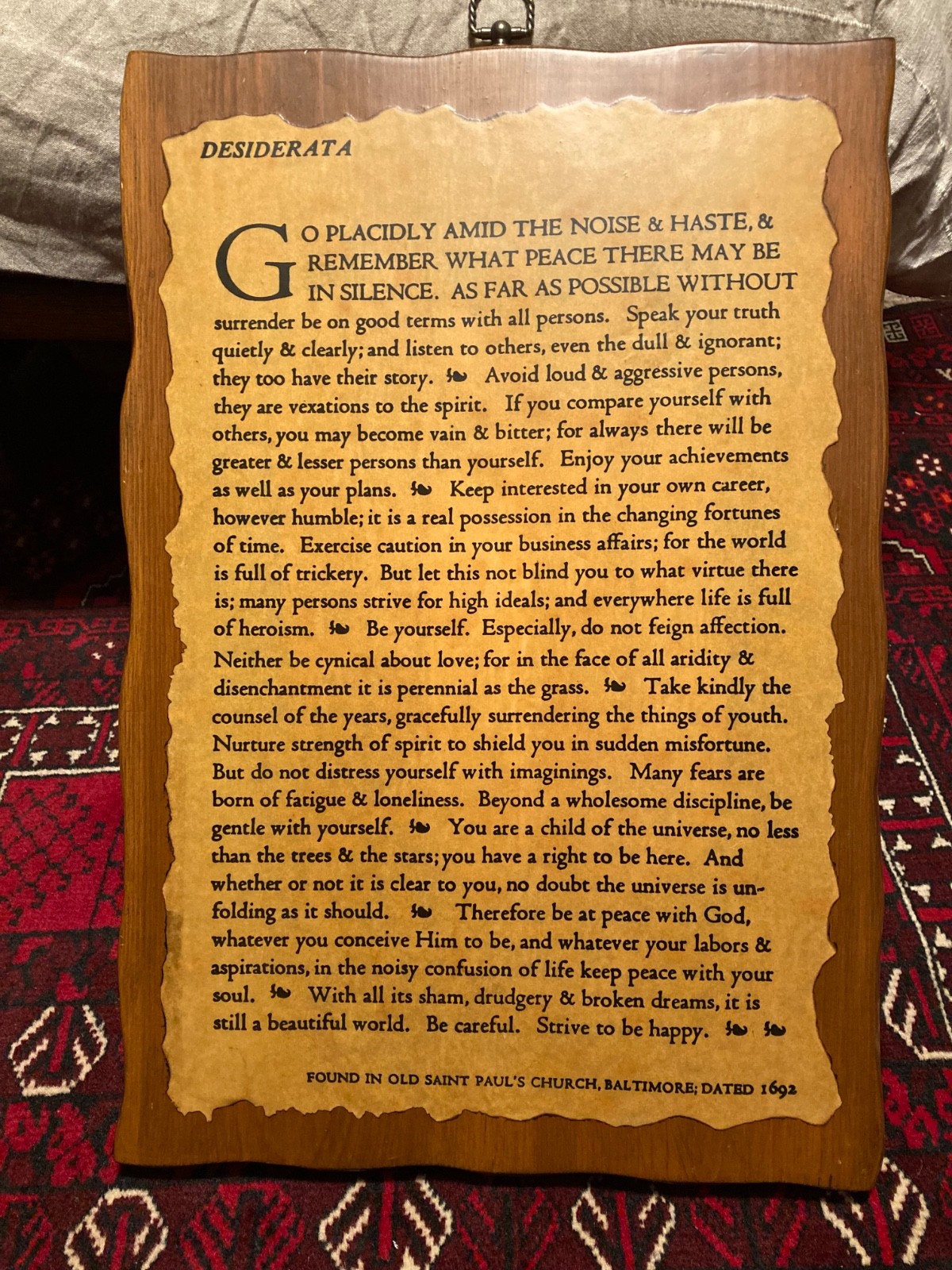 Vintage Desiderata Wall Plaque Poem On Wood Panel-Decoupage Coated- Brass Hanger
