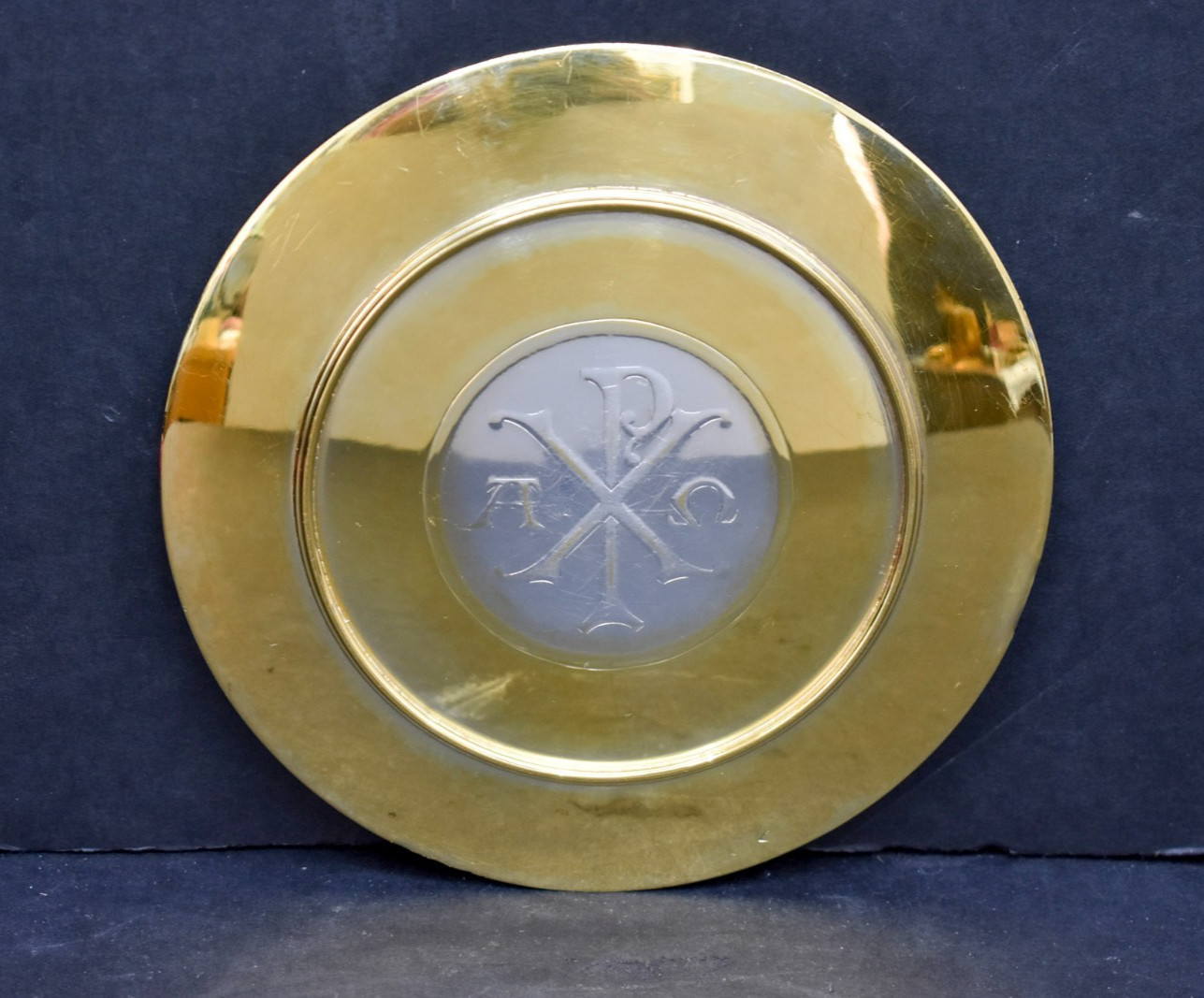 Antique Silver Alpha Omega Chi Rho Disk Paten With Rim, 5 3/4″ Diameter (CU245)