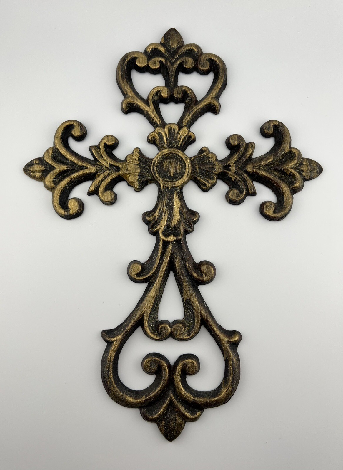Distressed Gold Metallic Filigree Metal Religious Crucifix Cross Home Decor