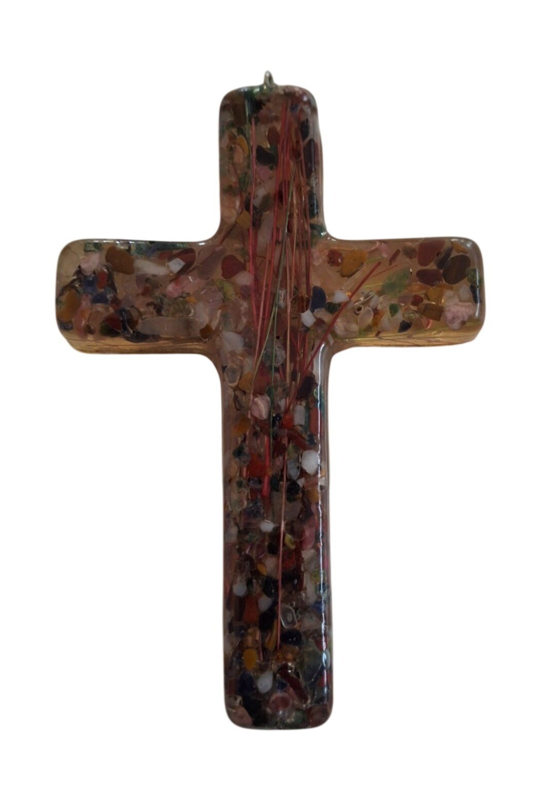 Handmade Resin Cross Pendant Multicolor Stone Art Christian Decor 4in