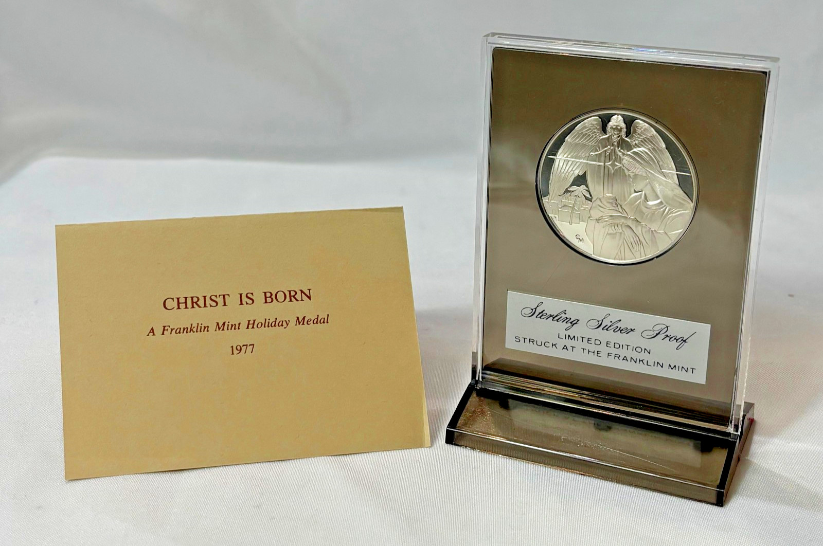 1977 Franklin Mint Sterling Silver Proof CHRIST IS BORN Holiday Medal