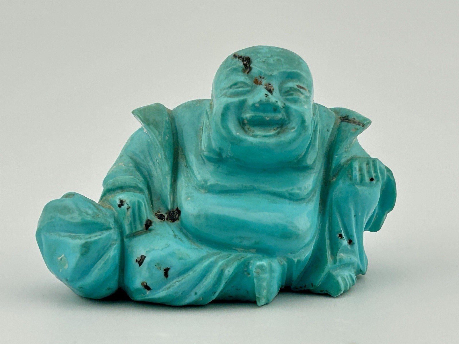 Carved Hubei Turquoise Laughing Buddha Figure 1¼″ 33.9g Chinese 1950s Vintage