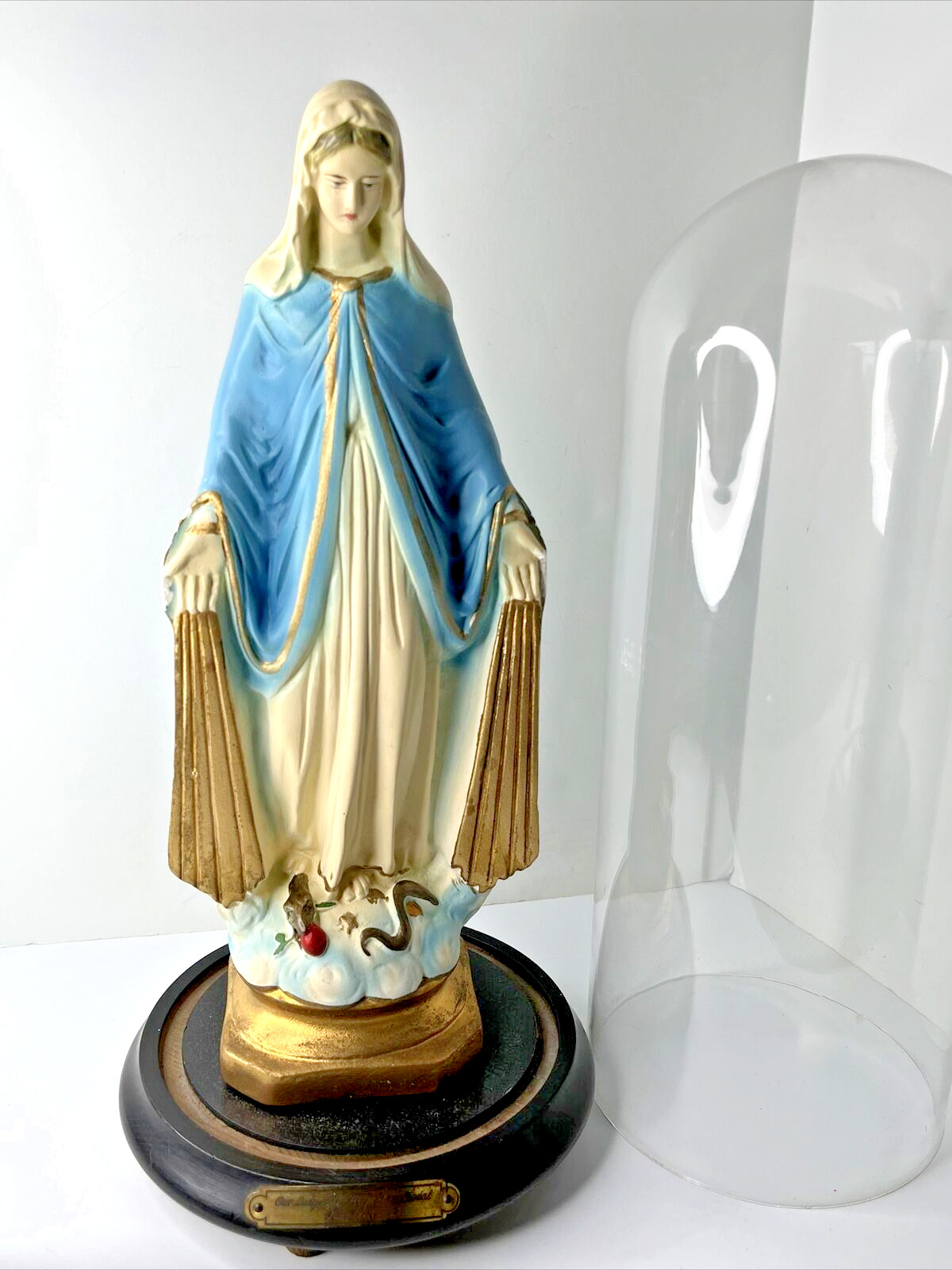 Antique Chalk Ware Figurine Our Lady Of The Miraculous Medal Wood Glass Dome 14″