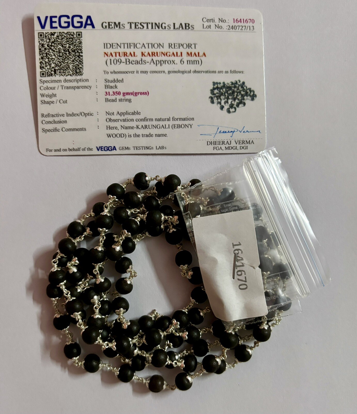 Lab Certified + 925 Silver + Ebony 108+1 Bead 6 mm Karungali Malai Mala ROSARY