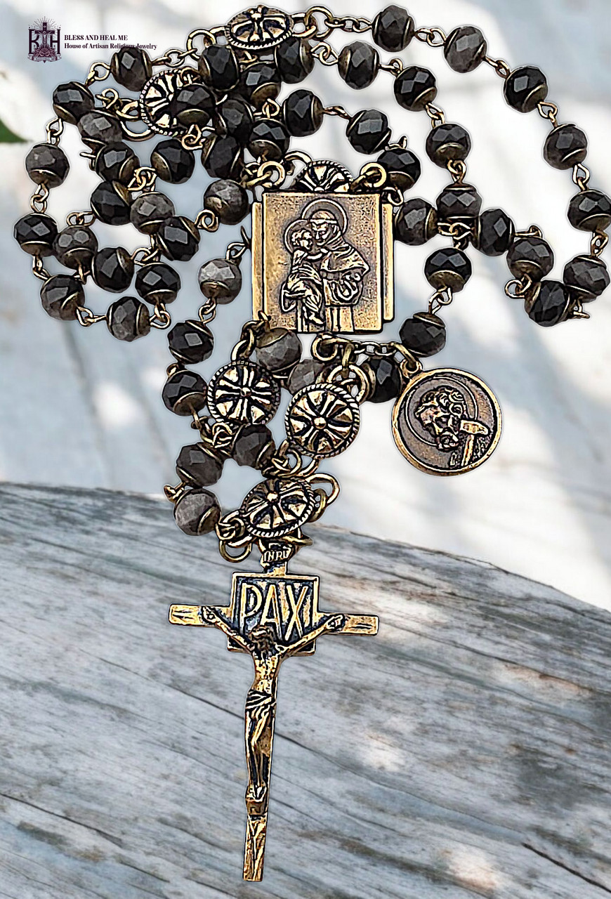 St Anthony, Joseph & Archangel Michael Rosary | Heritage Bronze| Black Moonstone