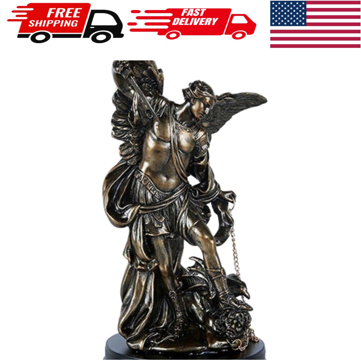 Elegant St. Michael Archangel Figurine in Golden Bronze with Brass Nameplate