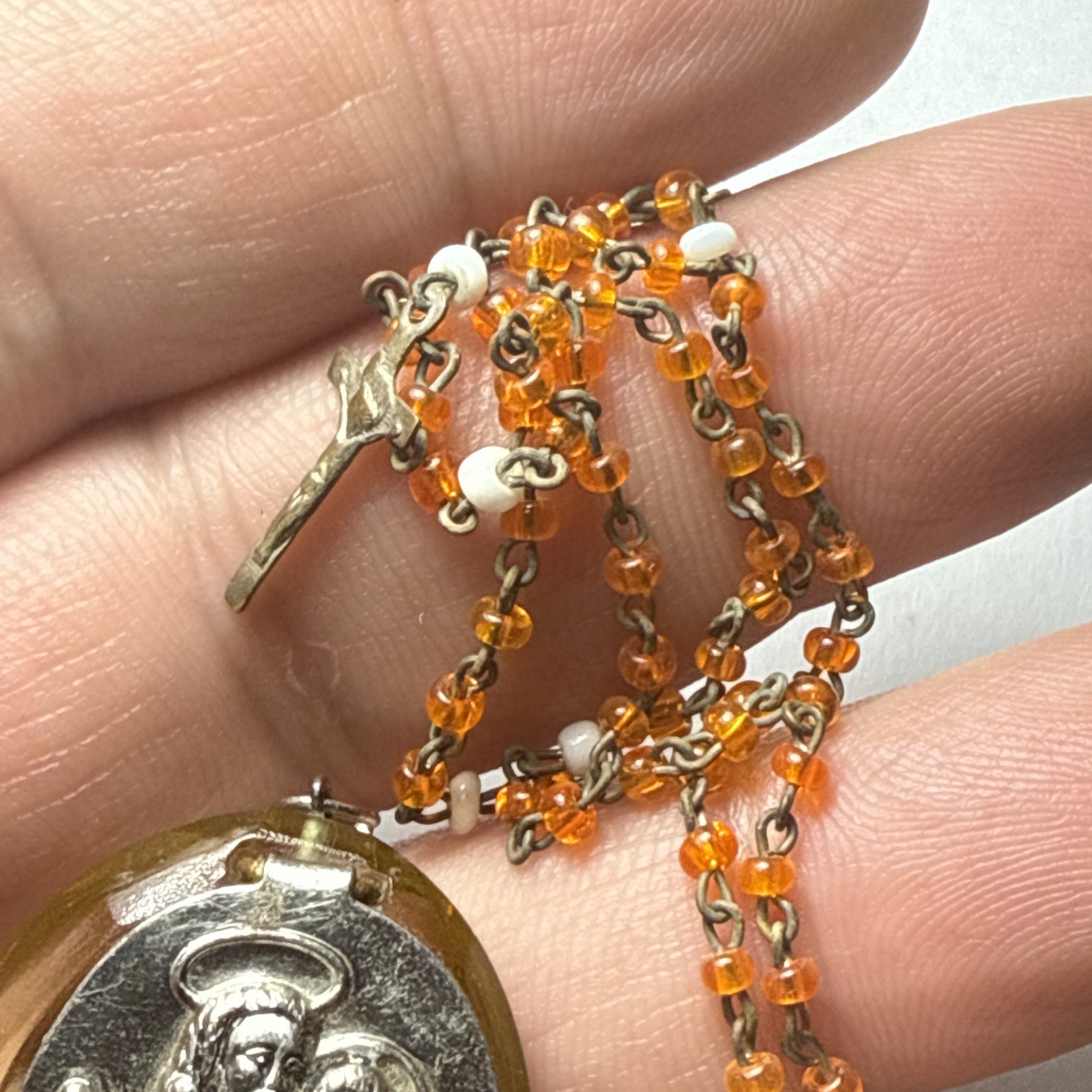 mini rosary Czech Glass In Czech Lucite Holder Pendant Antique Czechoslovakia