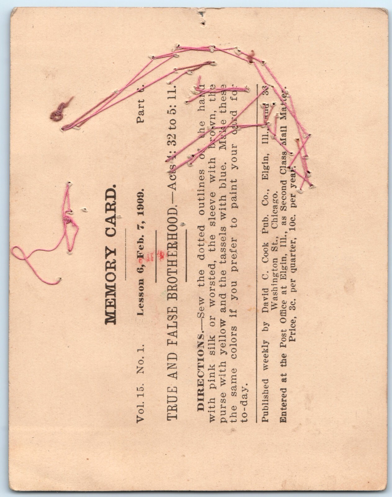 1909 David Cook Sunday School Memory Sewing Card True False Brotherhood Elgin IL