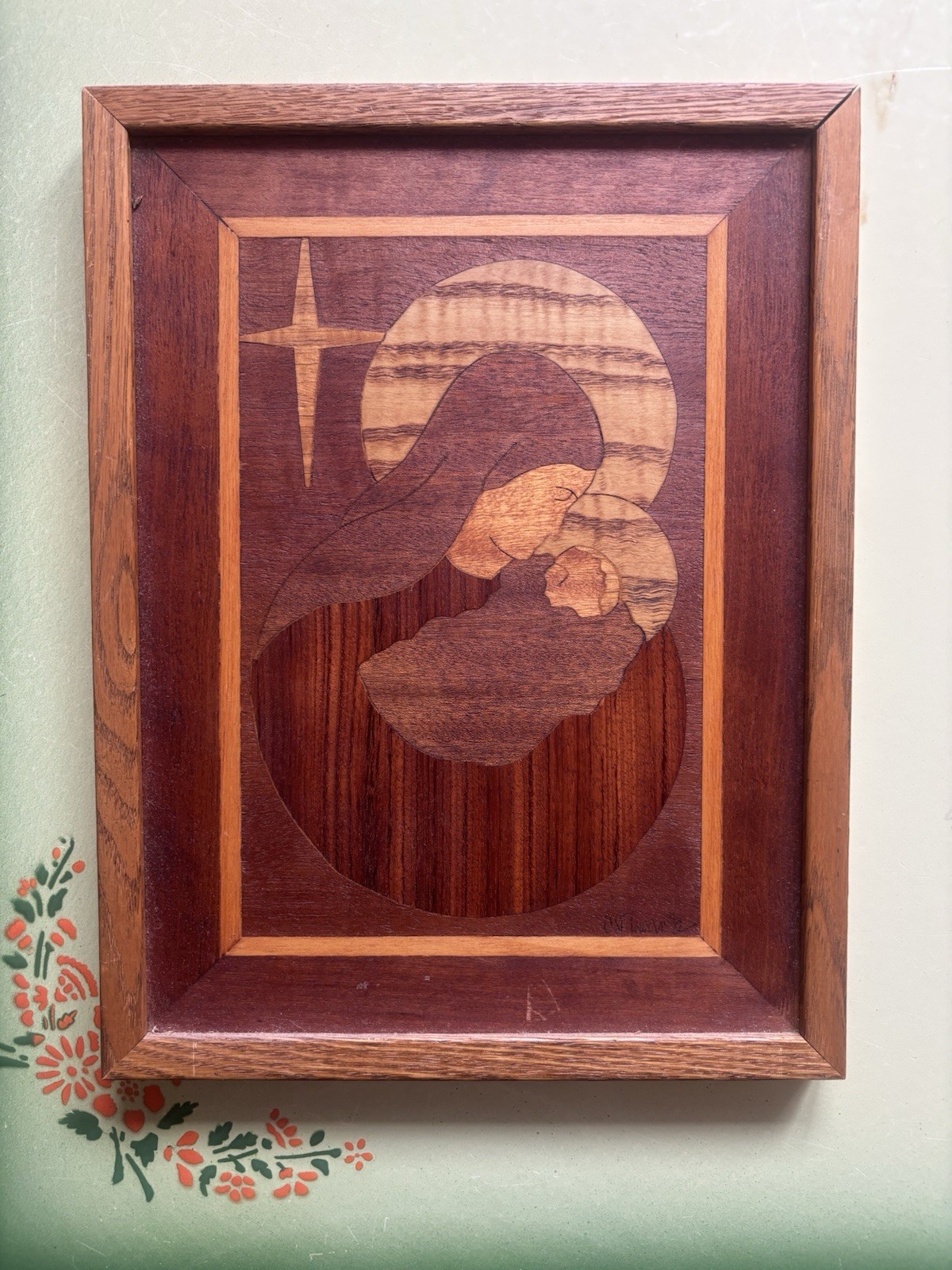 Vintage Marquetry Mother And Child Virgin Mary Wooden Art