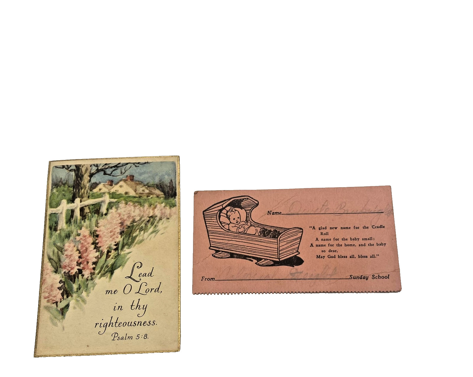 Vintage Christian Bible Verse Cards Lot 2 Psalm 5:8 Bookmark Cradle Roll USA