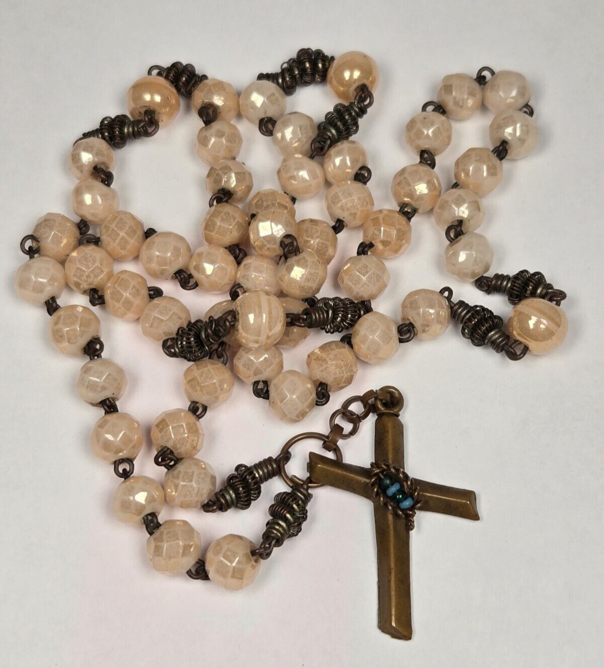 Unique Rosary Iridescent Peach Beads Intricately Twisted Wire Vintage Necklace