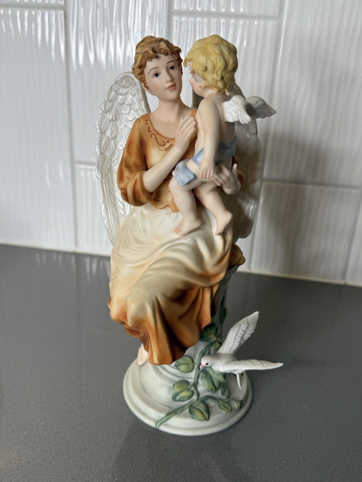 VTG Lot 2 Bisque Porcelain Angel & Cherub Figurine Hand Painted 2002 10.5”H EUC