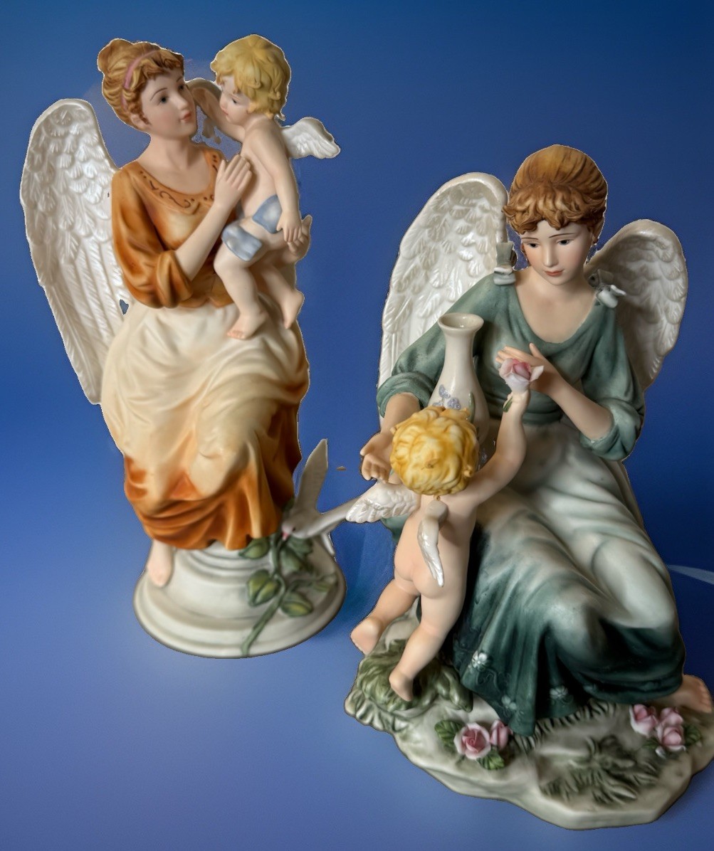 VTG Lot 2 Bisque Porcelain Angel & Cherub Figurine Hand Painted 2002 10.5”H EUC