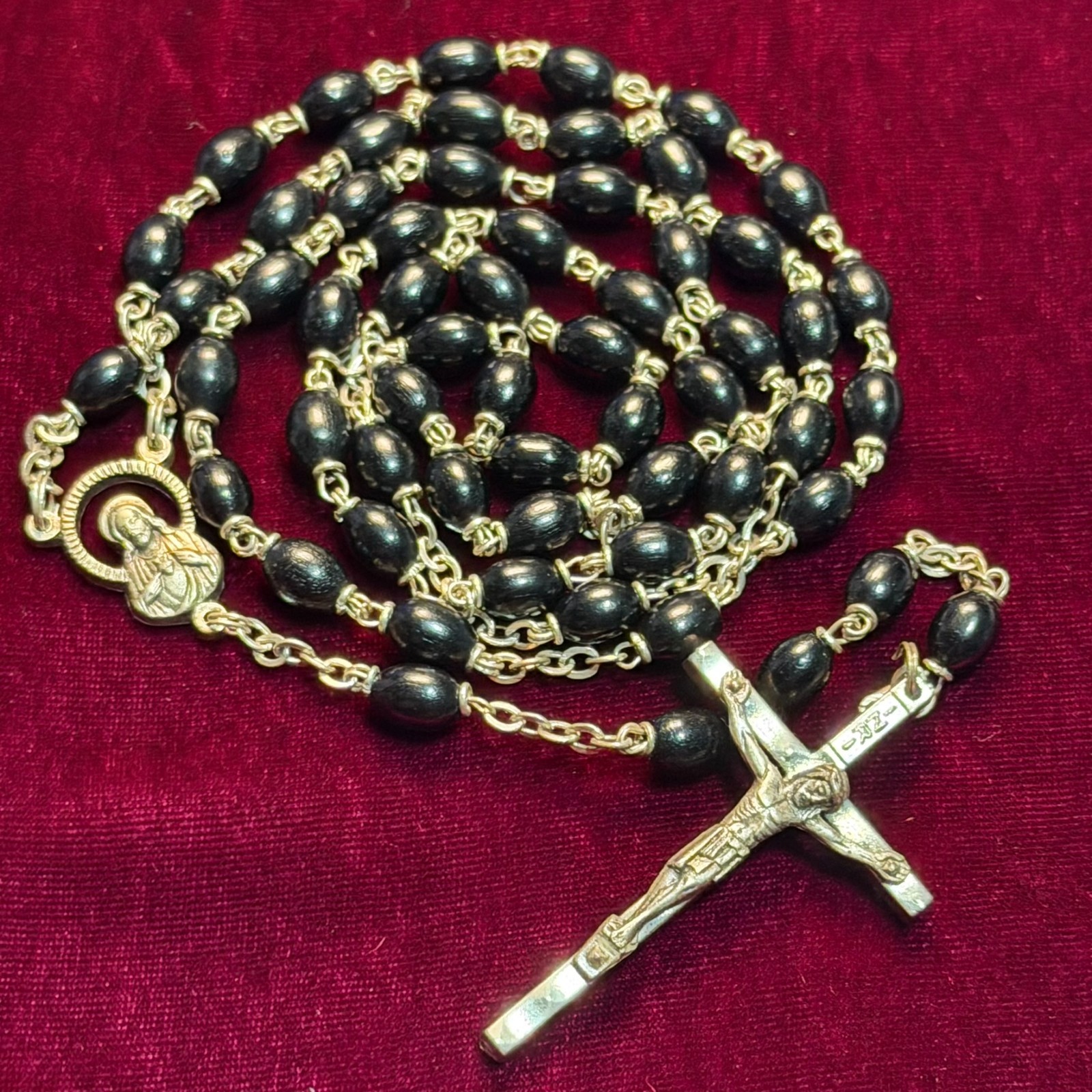 Vintage 24 Inch Halo Capped Ebony Wood Bead Rosary from Italy