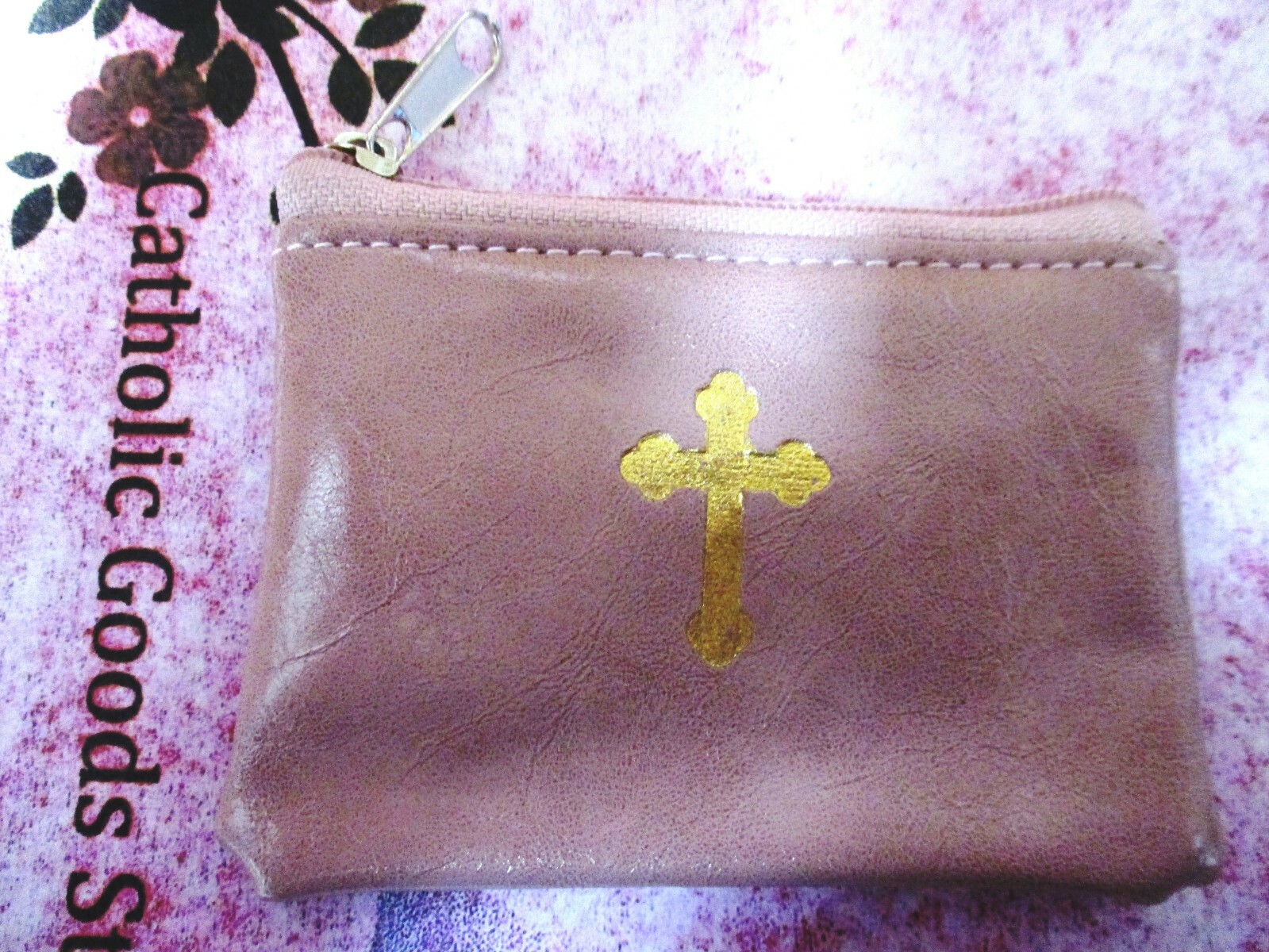 Mauve Ripple Patterned with Gold Cross Zipper Rosary or Chaplet Pouch + Lining