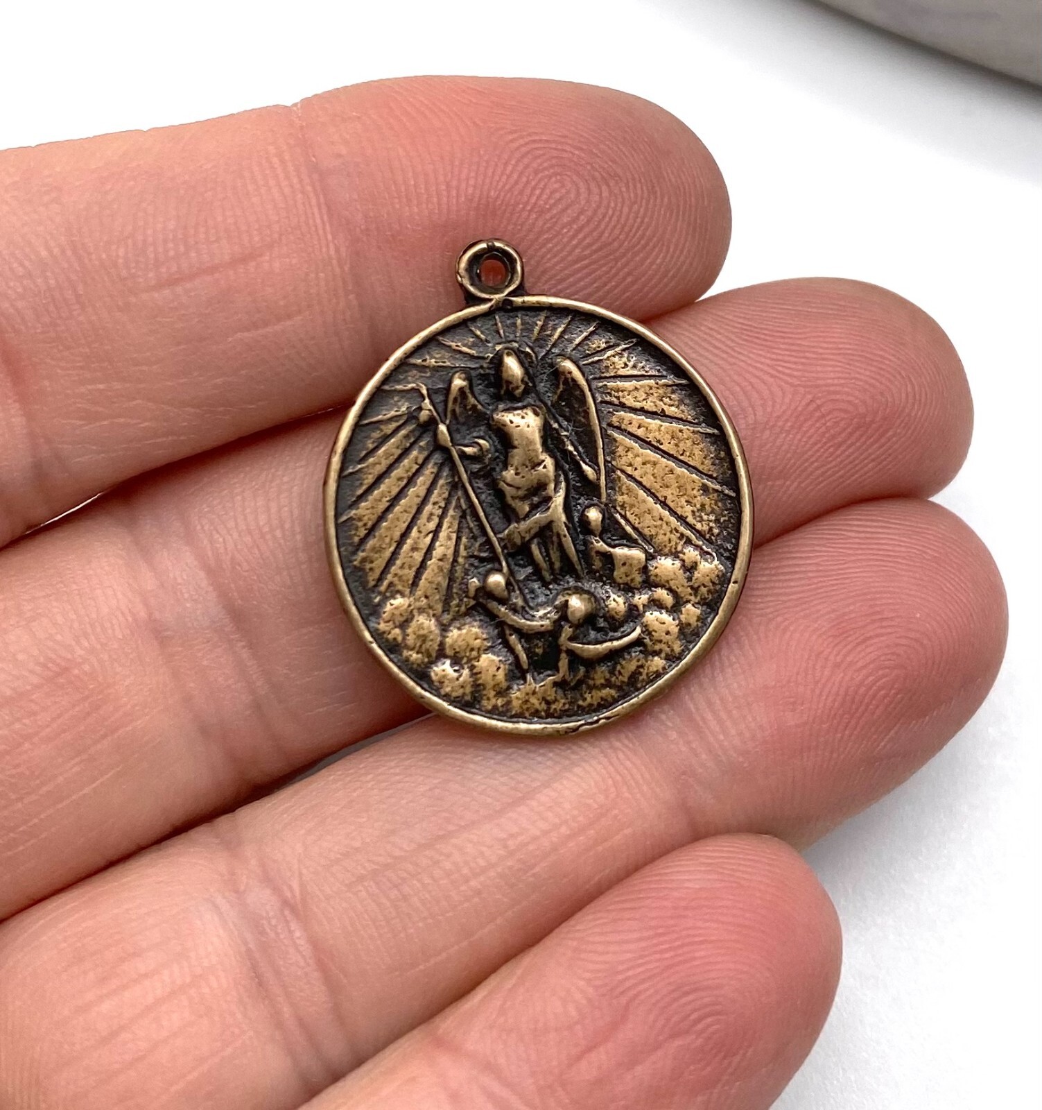 Solid Bronze ST MICHAEL RAYS Medal Antique Vintage Reproduction #PG7111