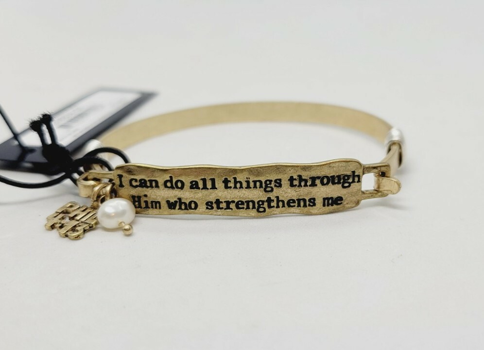Religious Bangle Charm ID Bracelet Antique Brass Gold Tone PHIL 4:13