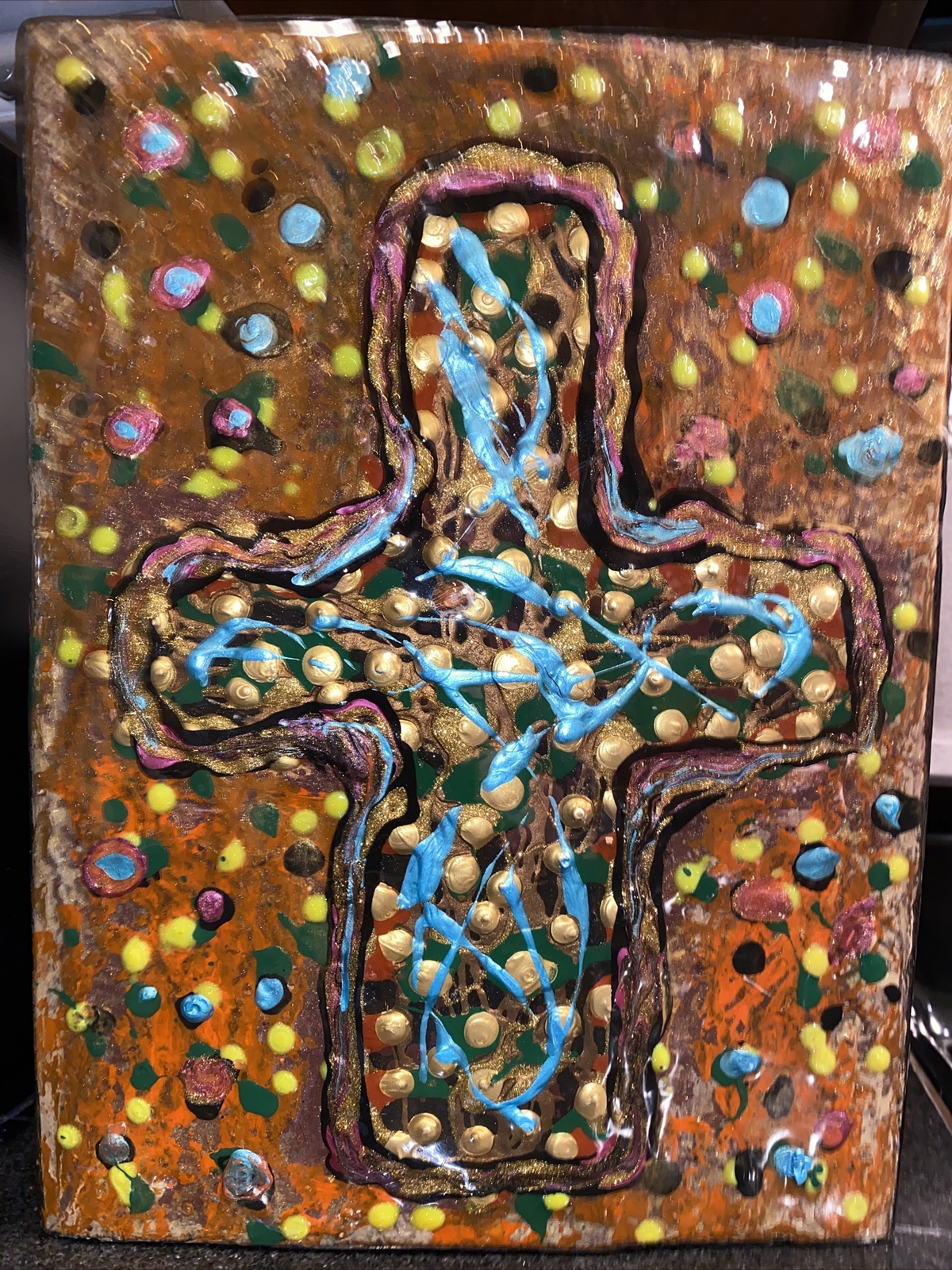 CROSS Painting on Reclaimed Wood block Bright Vibrant Textured Glossed