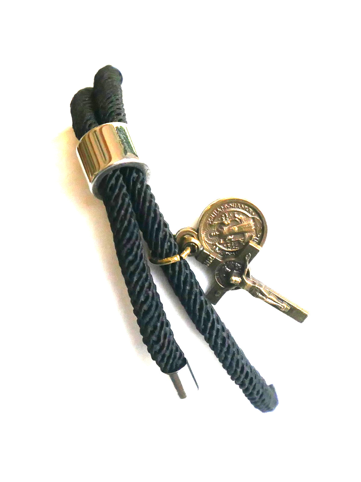 Adjustable Black Cord Bracelet with St Benedict Bronze Tone Crucifix and Medal