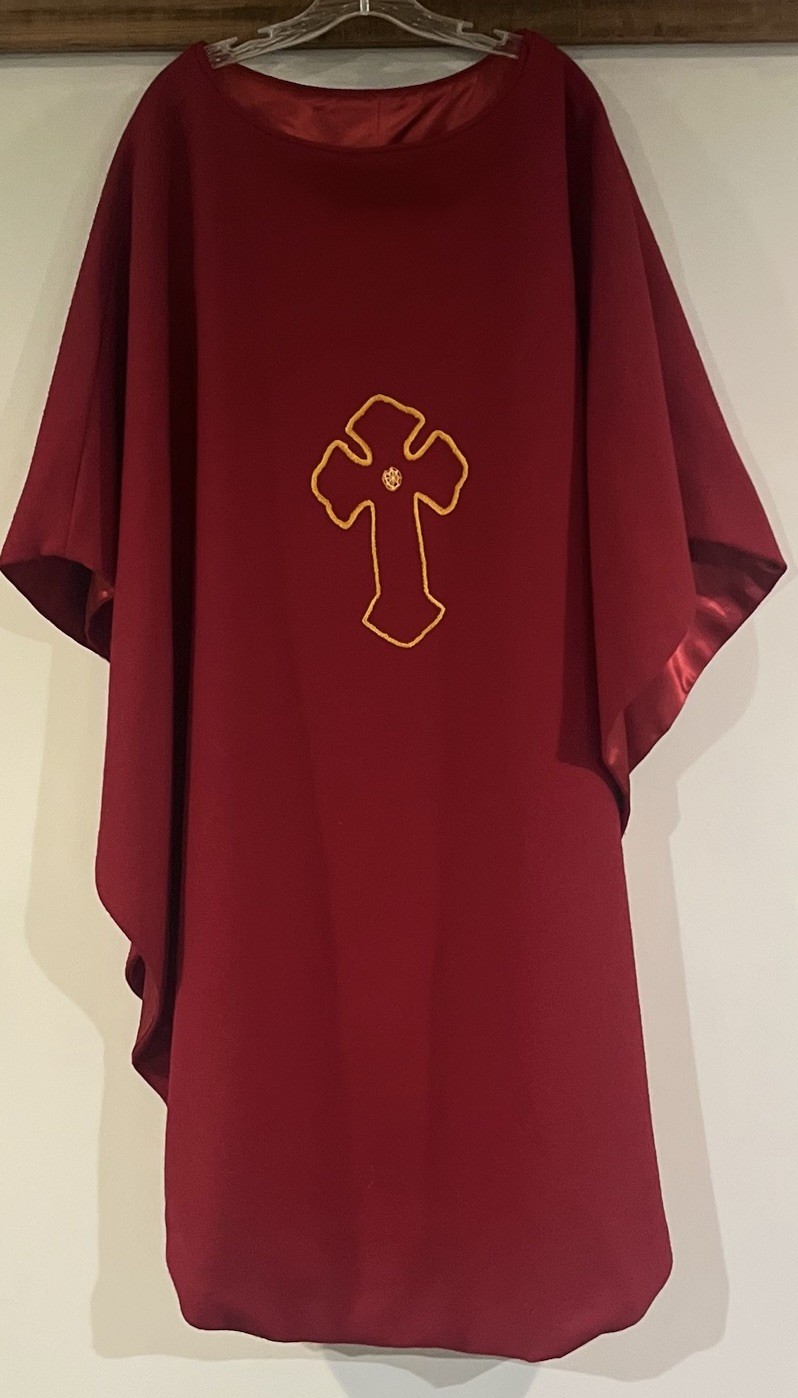 Vintage Red Wool Vestment with Gold Cross and Satin Lining EUC SALE!