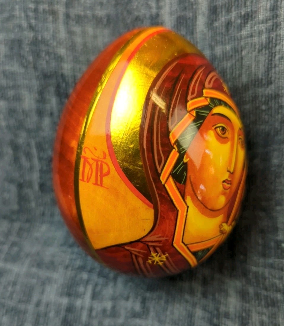 Russian Orthodox Church Wood Egg Mother And Child Religious Icon Hand Painted