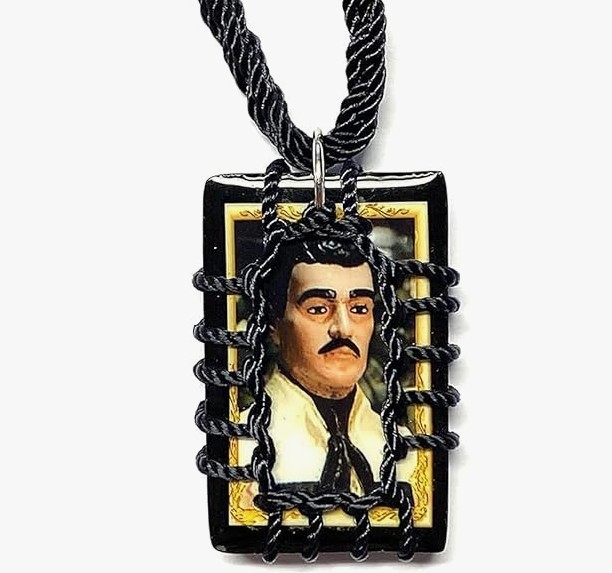 Jesus Malverde Rectangular Black Scapular Necklace Wood Corded Escapulario Negro