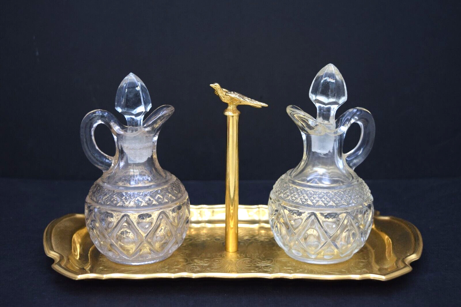 Older Glass Cruet Set With Tray, 2 Cruets With Brass Tray, (CU279) chalice co.