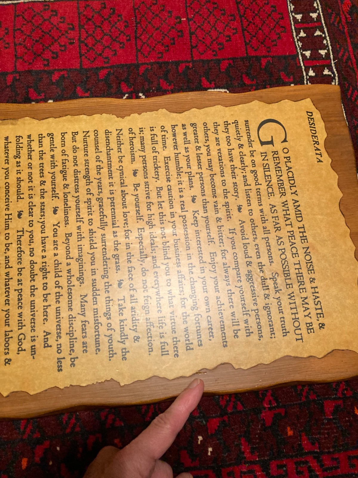 Vintage Desiderata Wall Plaque Poem On Wood Panel-Decoupage Coated- Brass Hanger
