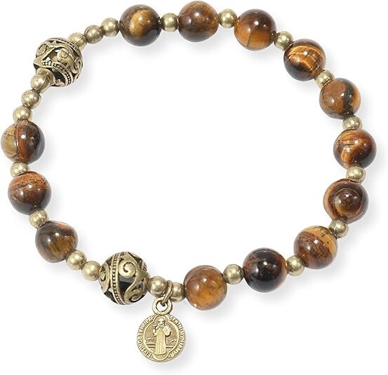 Tiger Eye Stone Beads Rosary Bracelet Catholic St. Benedict Medal Wrist Jewelry