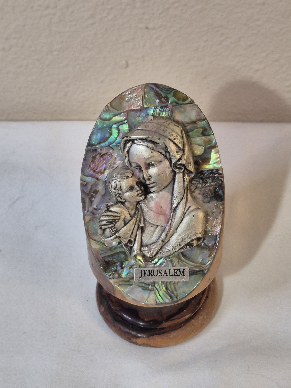 Religious Hand Carved Abalone Holy Family Olive Wood Base “Jerusalem” Statue