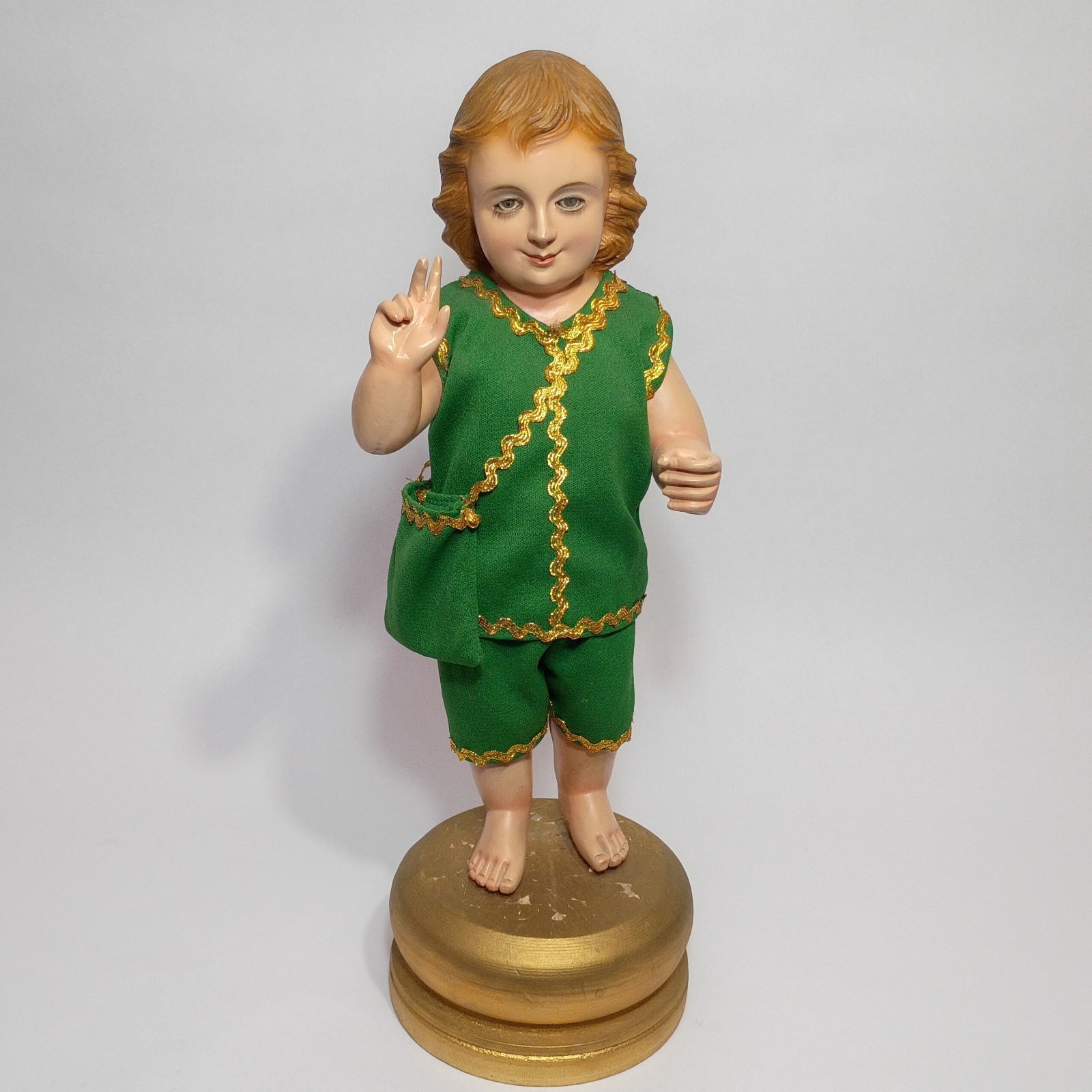 Vtg Santo Niño Christ Child Statue on Wood Stand Green Robe Religious Figure 17″