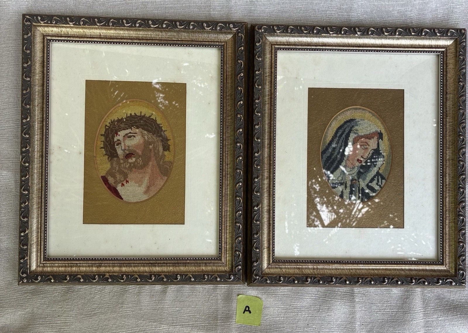 VTG Framed Religious Needlepoint Pair Jesus Ecce Homo Virgin Mary Art Set10x12”
