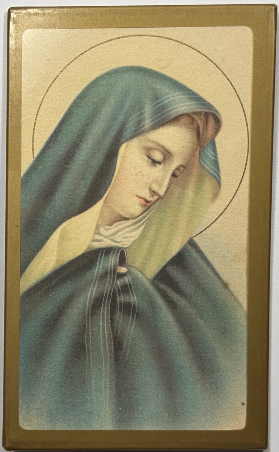 Our Lady of Sorrows, Vintage Plastic Coated Metal/Cardboard Tabletop Plaque.