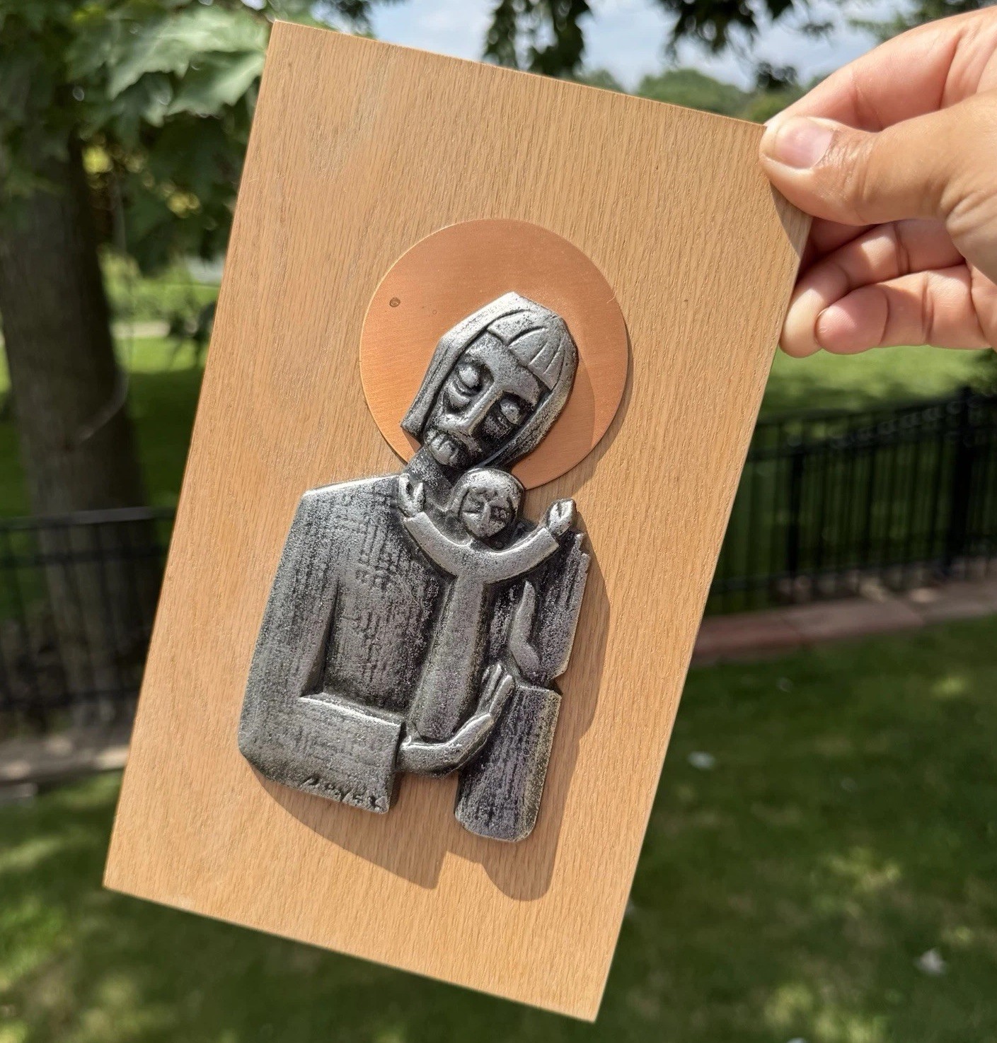 VTG Jesus & Child Wood Copper Pewter Wall Plaque Art MCM Religious by GH Boyer
