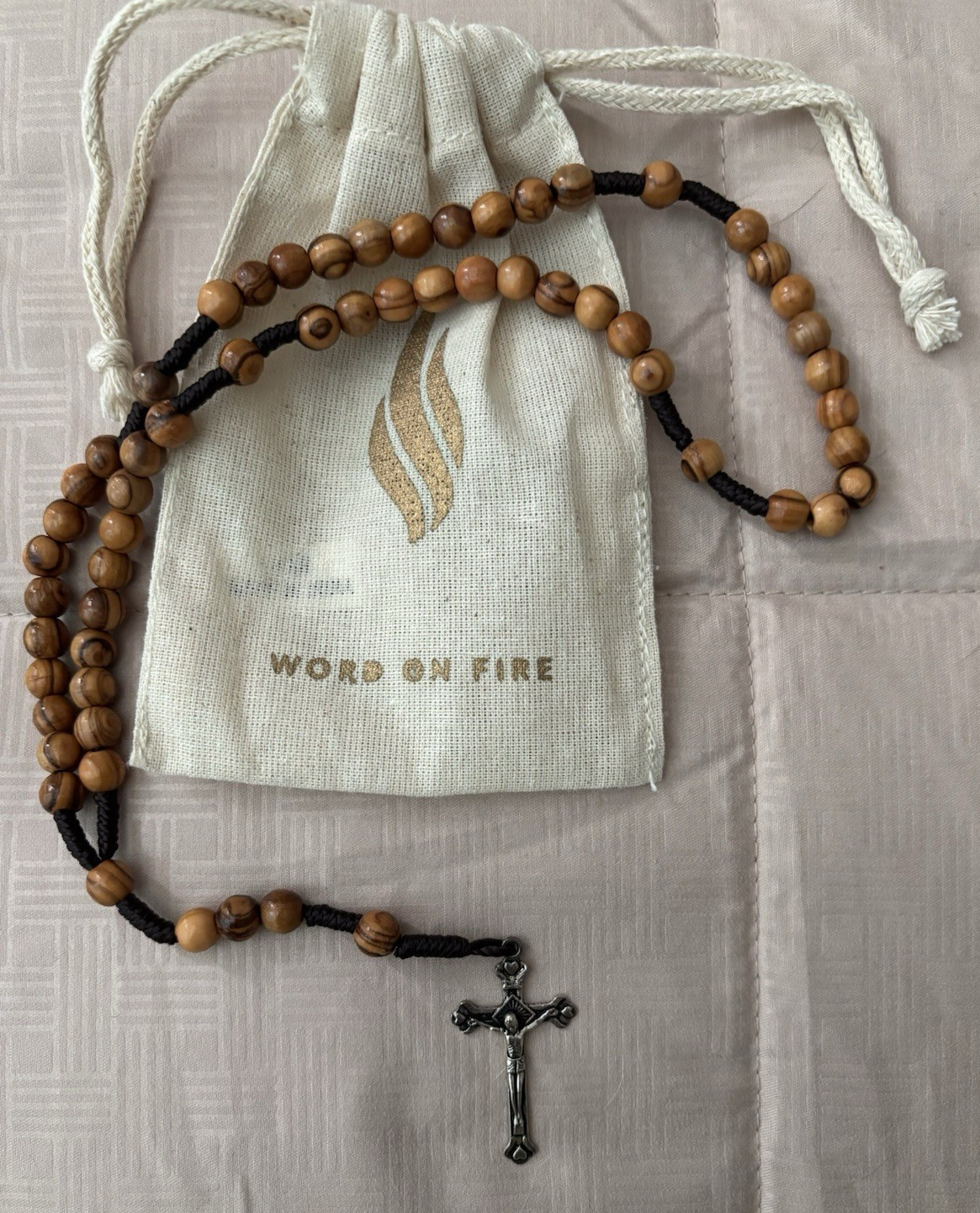 Catholic Rosary Necklace Olive Wood Round Beads Jerusalem Crucifix