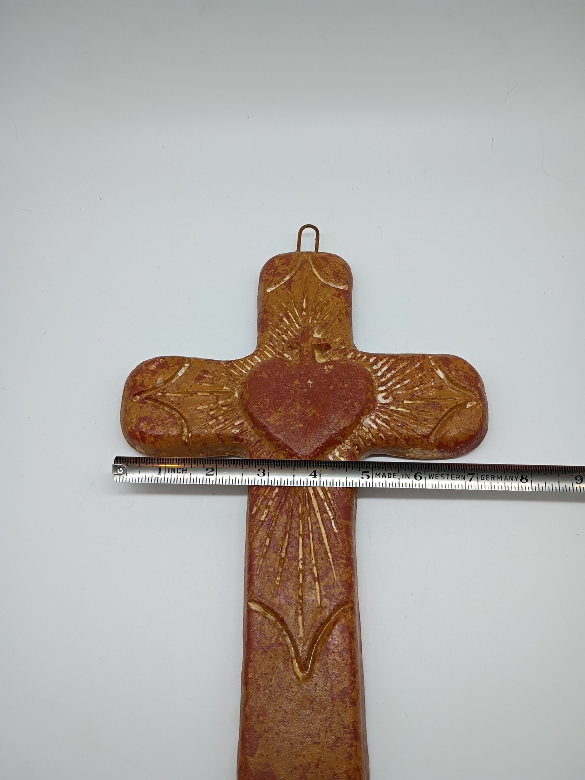 Mexican Folk Art Cross Terra Cotta Clay Pottery Crucifix Sacred Heart